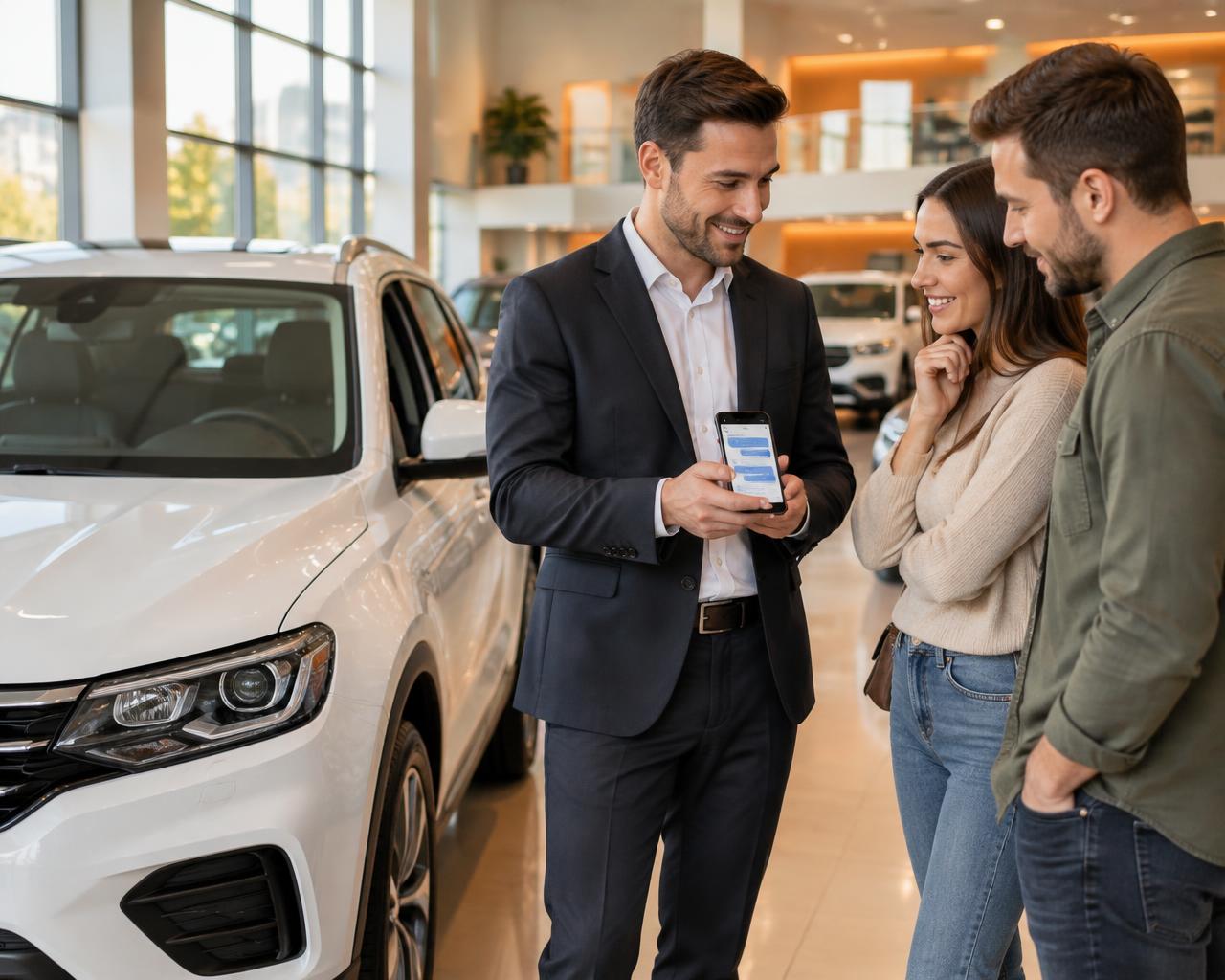 Vendedor apresentando um carro a clientes em uma loja